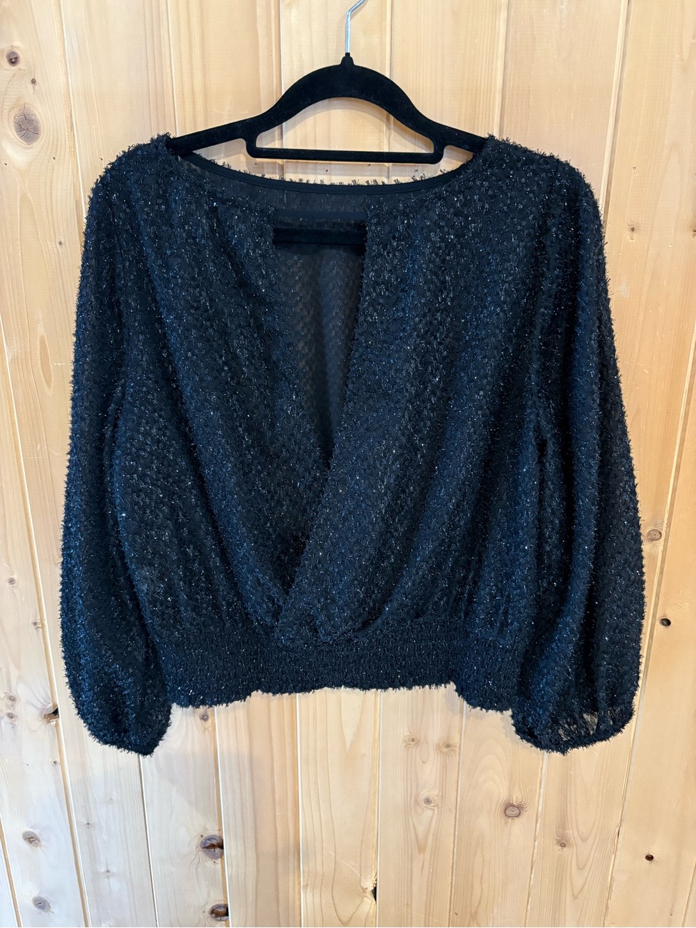 Black Textured V-Neck Women's Top
